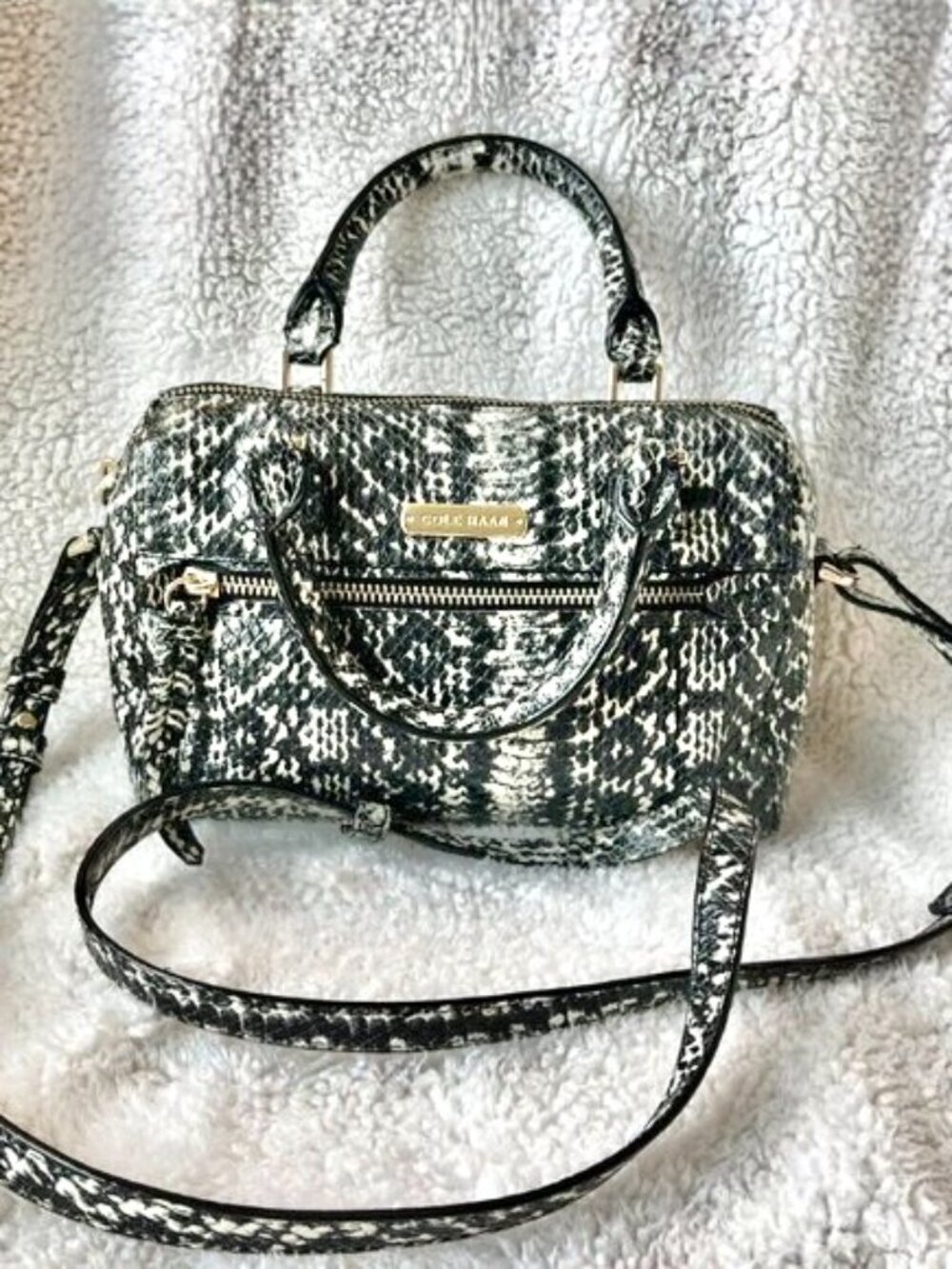 Cole Haan Leather Satchel or Crossbody Snake Embossed Cream & Black